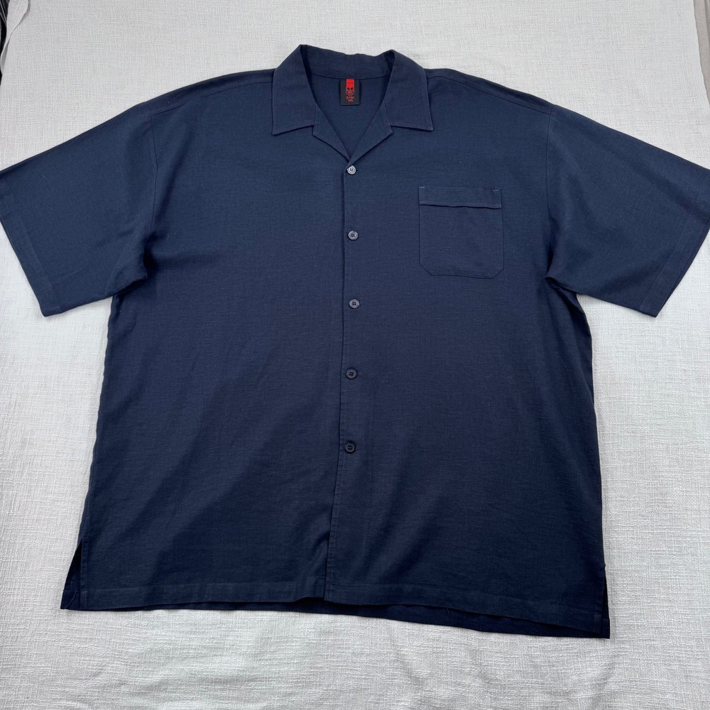 VTG Taiga DTEK Jeans Camp Collar Shirt Men 3XL Navy Blue Streetwear Short Sleeve
